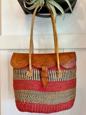 FESTIVAL 🔥 BOHO-CHIC VINTAGE TOOLED LEATHER FLAP  WOVEN SISAL BAG